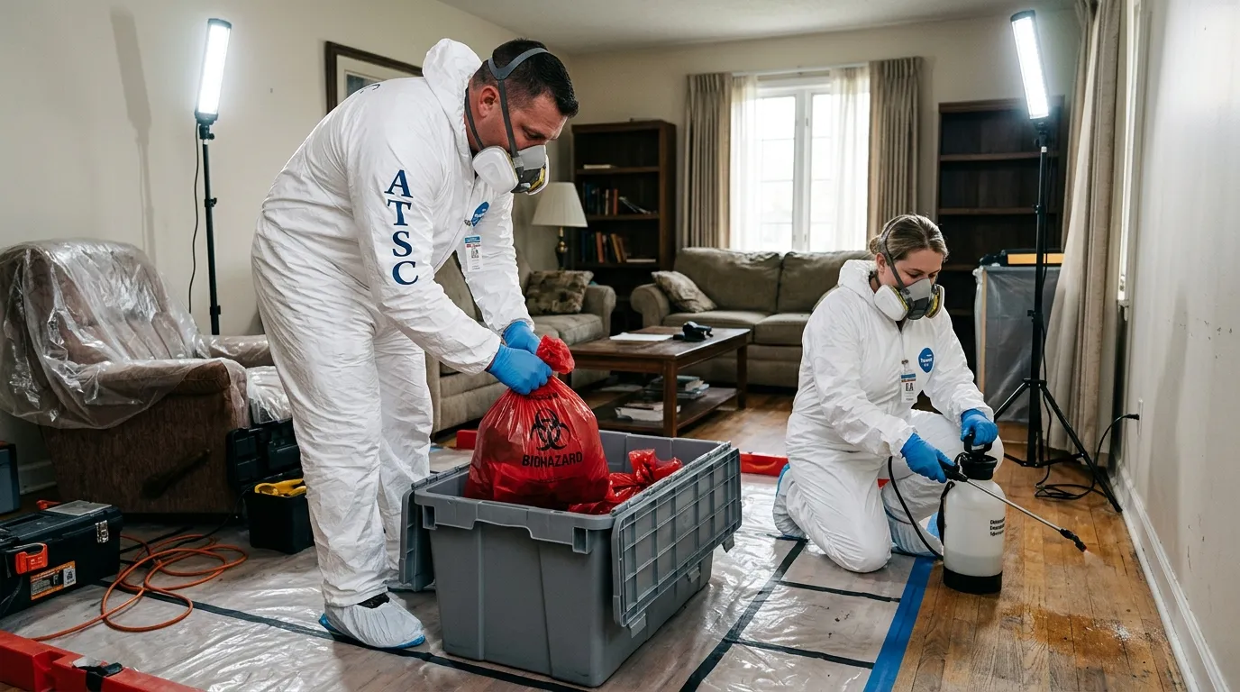 Professional Hoarding Cleanup technician in full PPE working in Pontoon Beach